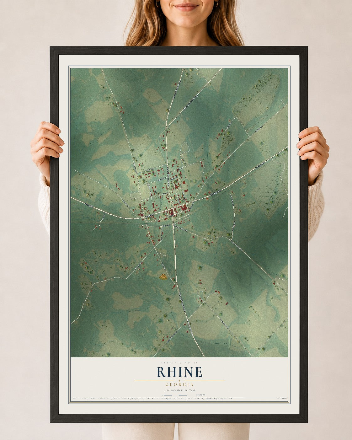 Rhine, Georgia map print, 24" x 36" W/ Black Ayous Wood Frame mockup