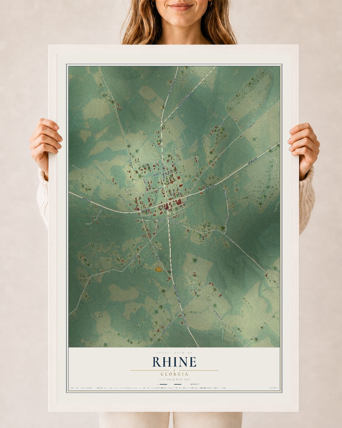 Rhine, Georgia map print, 24" x 36" W/ White Ayous Wood Frame mockup