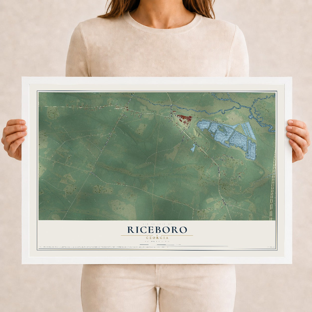 Riceboro, Georgia map print, 12" x 18" W/ White Ayous Wood Frame mockup