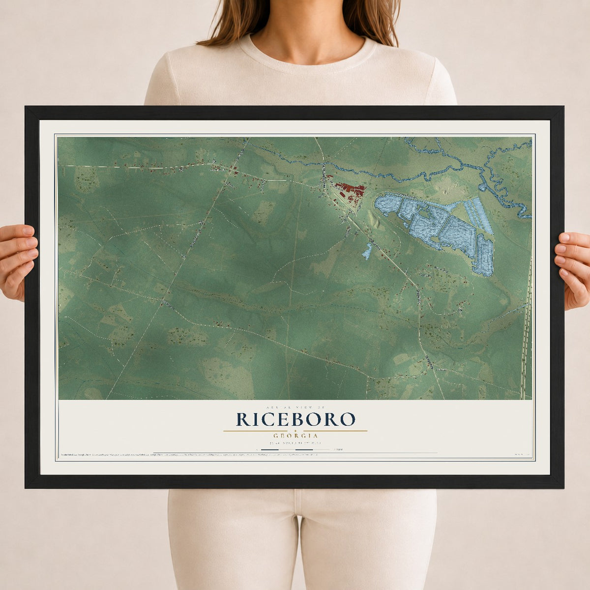 Riceboro, Georgia map print, 18" x 24" W/ Black Ayous Wood Frame mockup