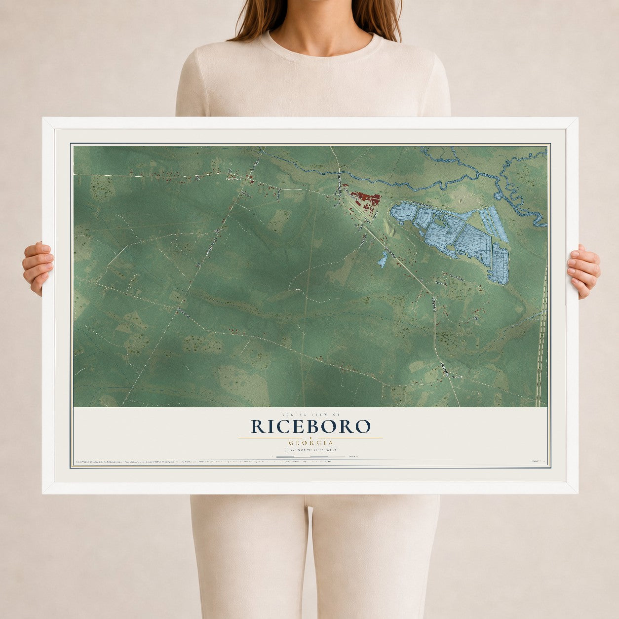 Riceboro, Georgia map print, 24" x 36" W/ White Ayous Wood Frame mockup