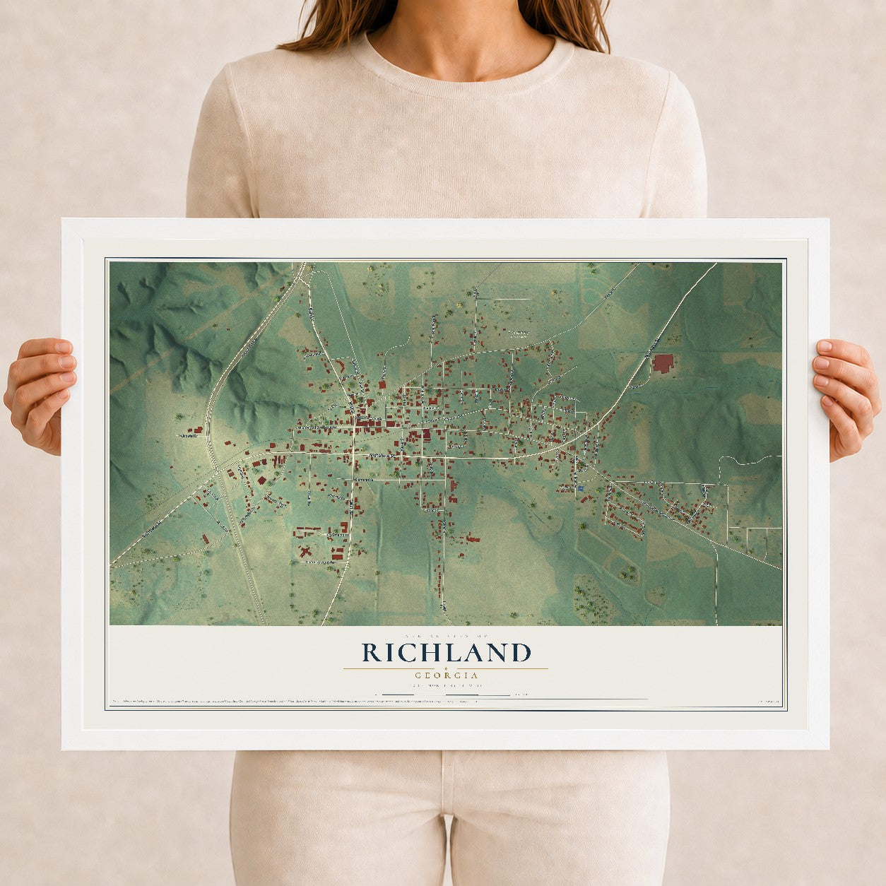 Richland, Georgia map print, 12" x 18" W/ White Ayous Wood Frame mockup