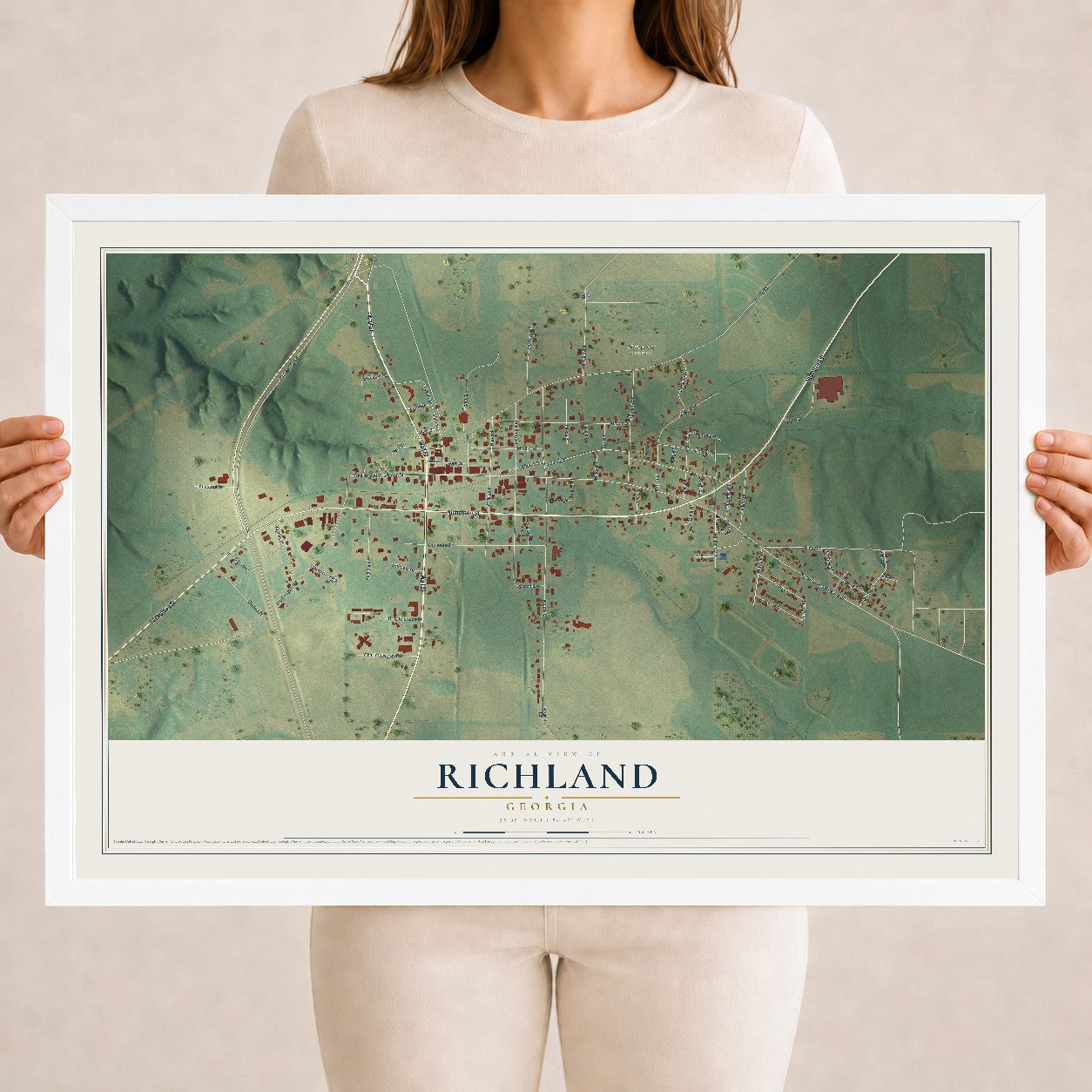 Richland, Georgia map print, 18" x 24" W/ White Ayous Wood Frame mockup