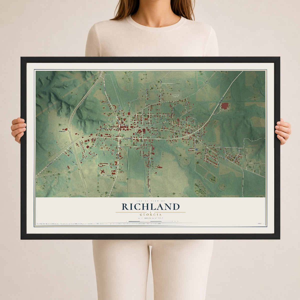 Richland, Georgia map print, 24" x 36" W/ Black Ayous Wood Frame mockup