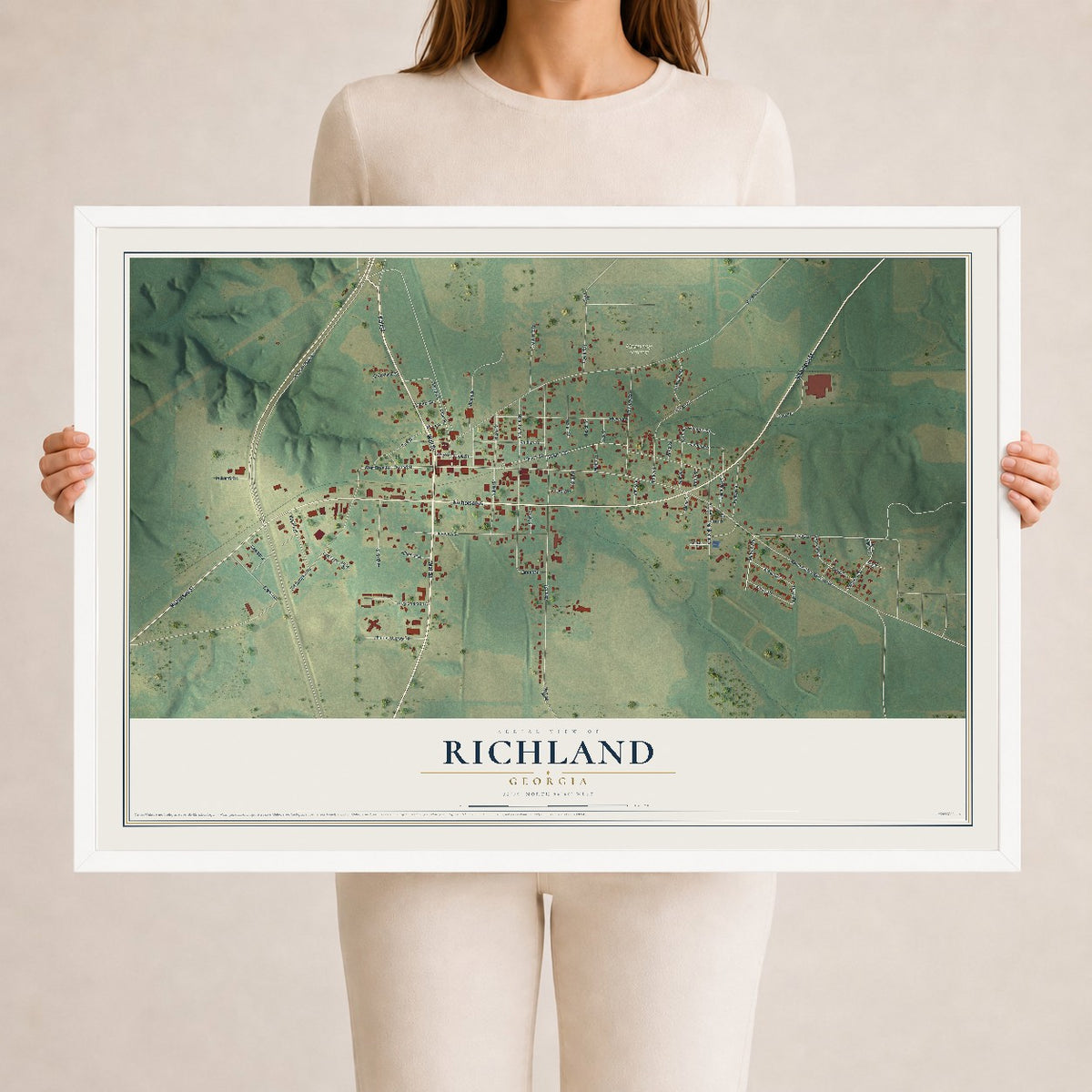 Richland, Georgia map print, 24" x 36" W/ White Ayous Wood Frame mockup