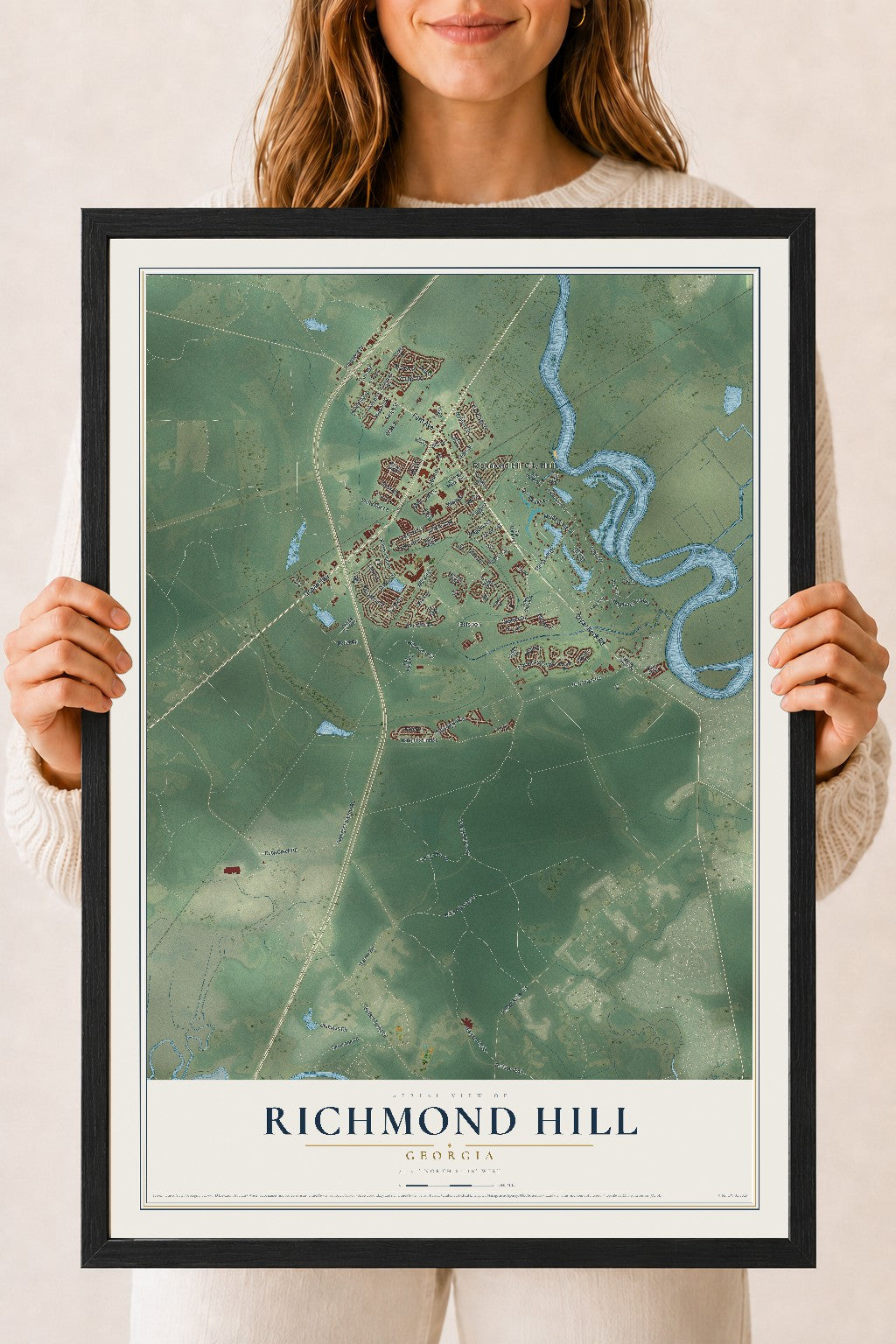 Richmond Hill, Georgia map print, 18" x 24" W/ Black Ayous Wood Frame mockup