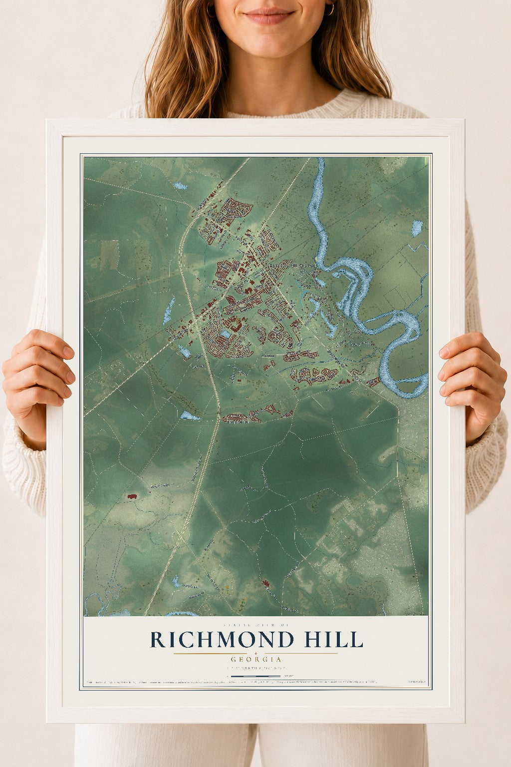 Richmond Hill, Georgia map print, 18" x 24" W/ White Ayous Wood Frame mockup