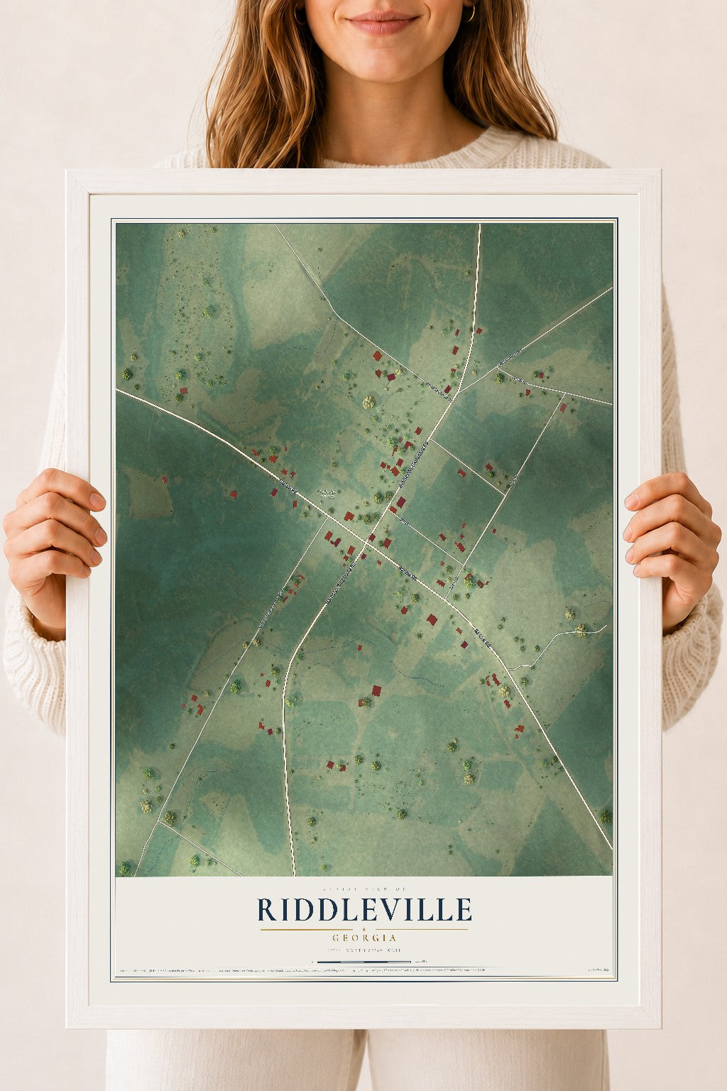 Riddleville, Georgia map print, 18" x 24" W/ White Ayous Wood Frame mockup