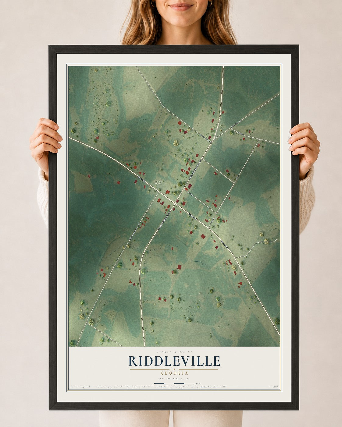 Riddleville, Georgia map print, 24" x 36" W/ Black Ayous Wood Frame mockup
