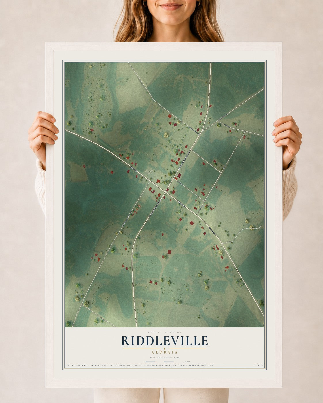 Riddleville, Georgia map print, 24" x 36" W/ White Ayous Wood Frame mockup