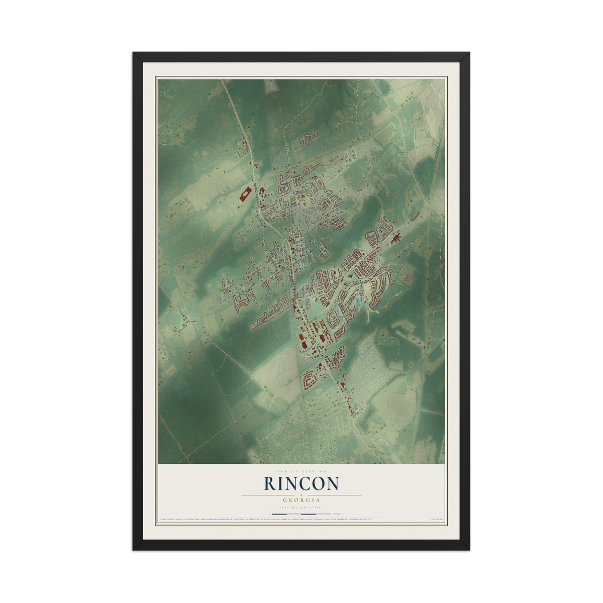 Rincon, Georgia map print, 12" x 18" W/ Black Ayous Wood Frame mockup