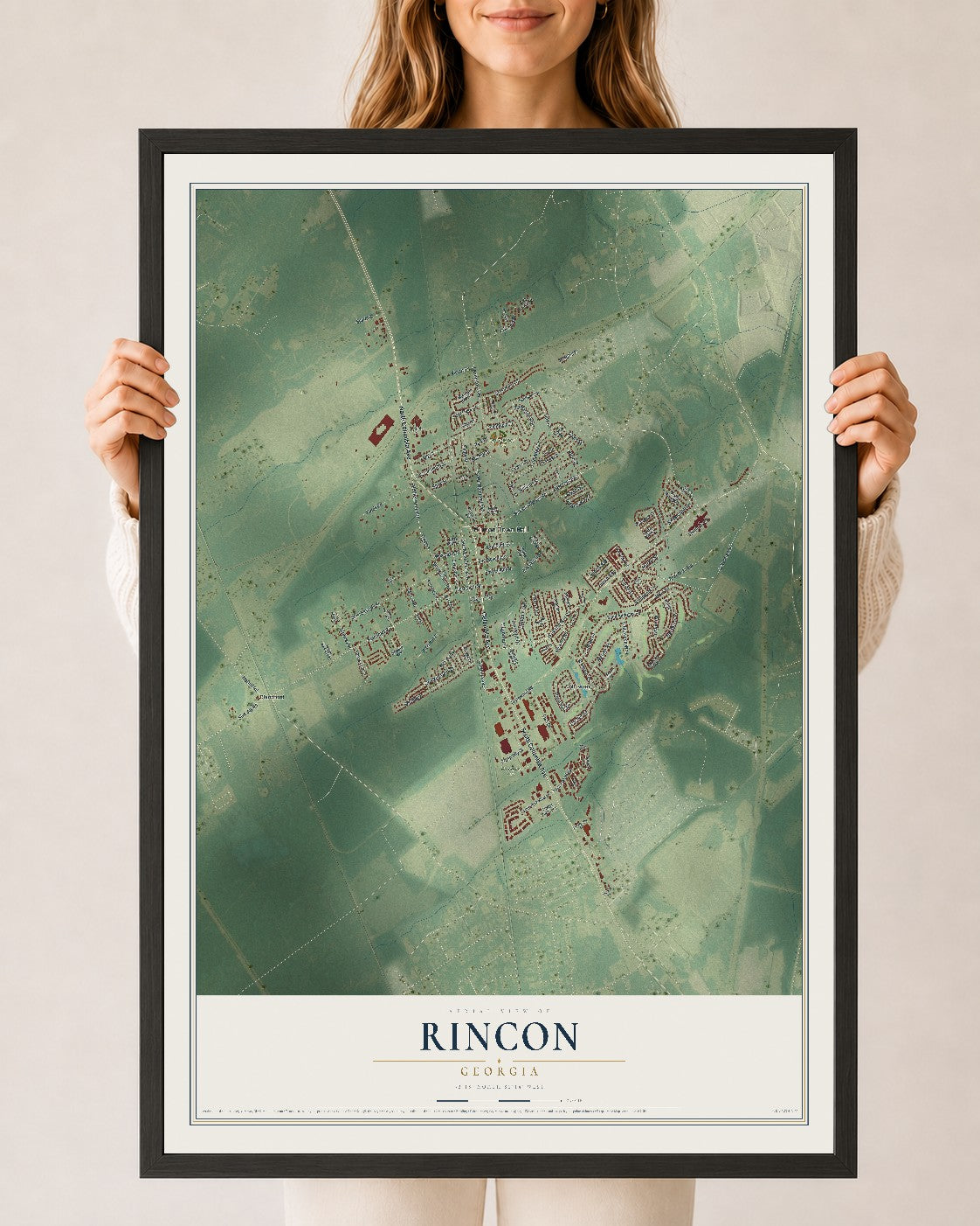 Rincon, Georgia map print, 24" x 36" W/ Black Ayous Wood Frame mockup