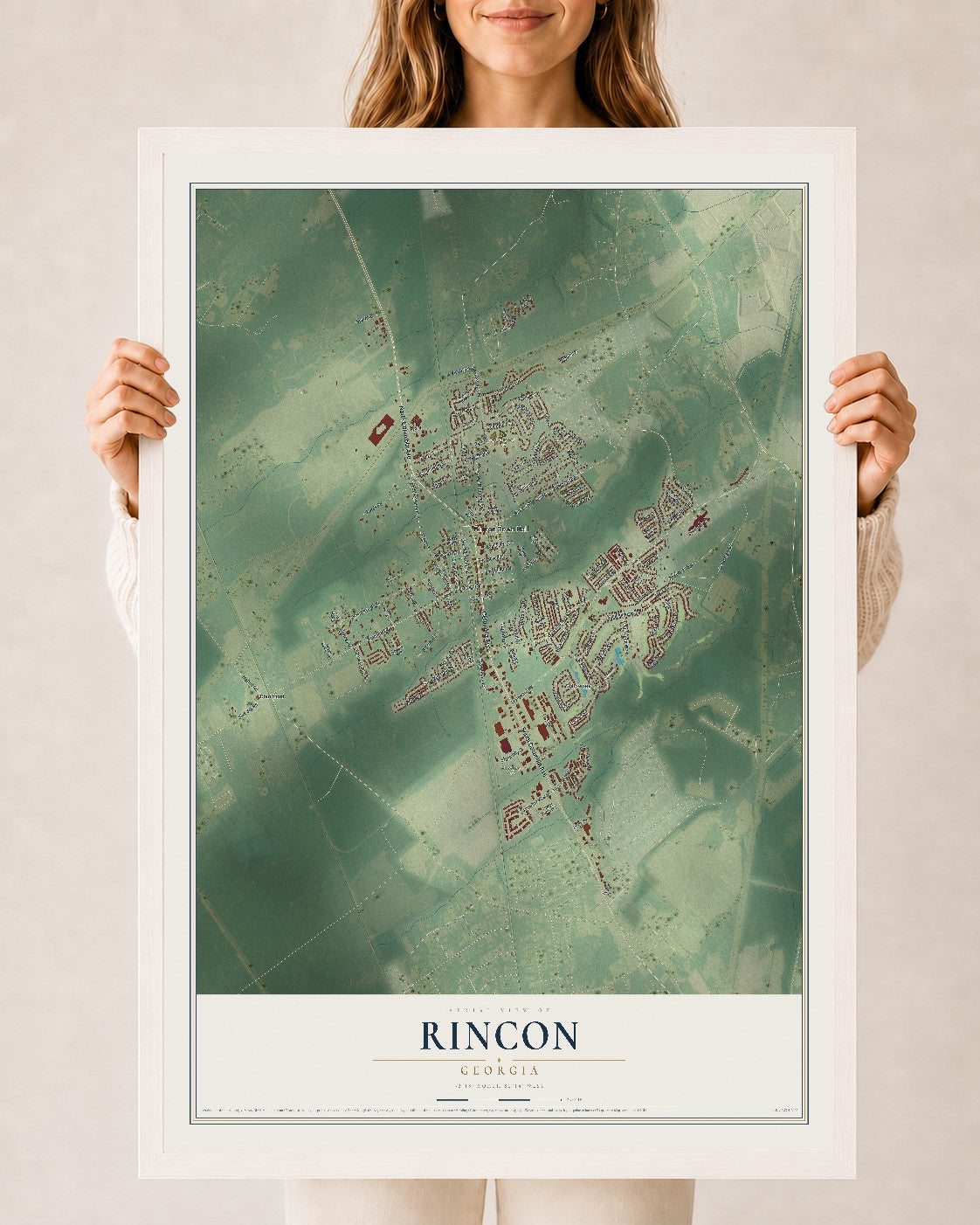 Rincon, Georgia map print, 24" x 36" W/ White Ayous Wood Frame mockup