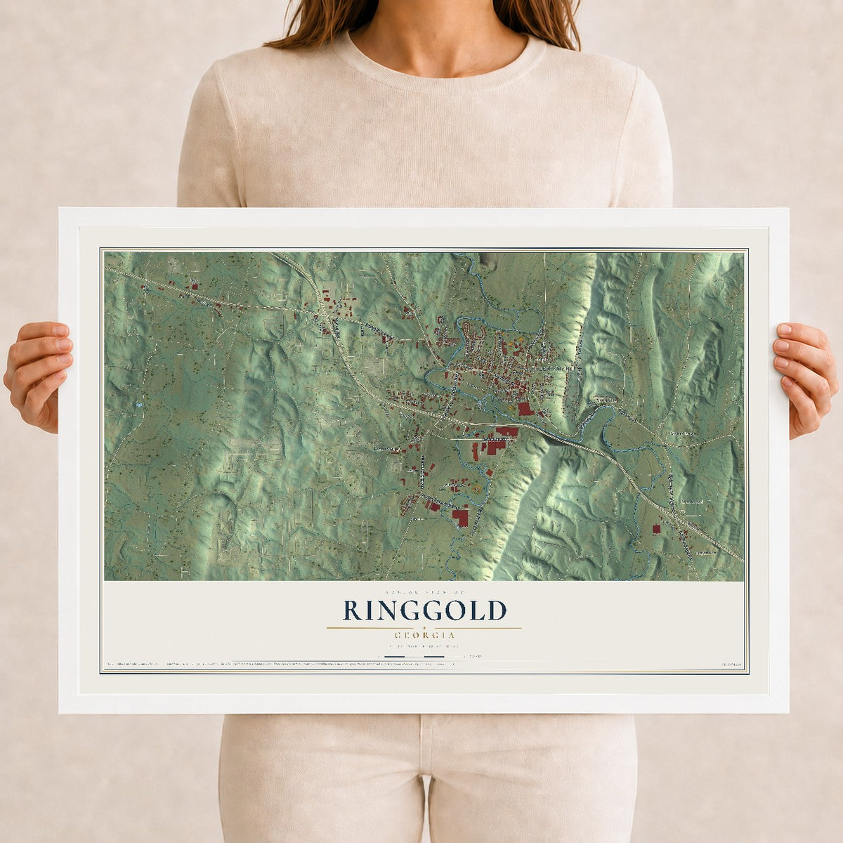 Ringgold, Georgia map print, 12" x 18" W/ White Ayous Wood Frame mockup