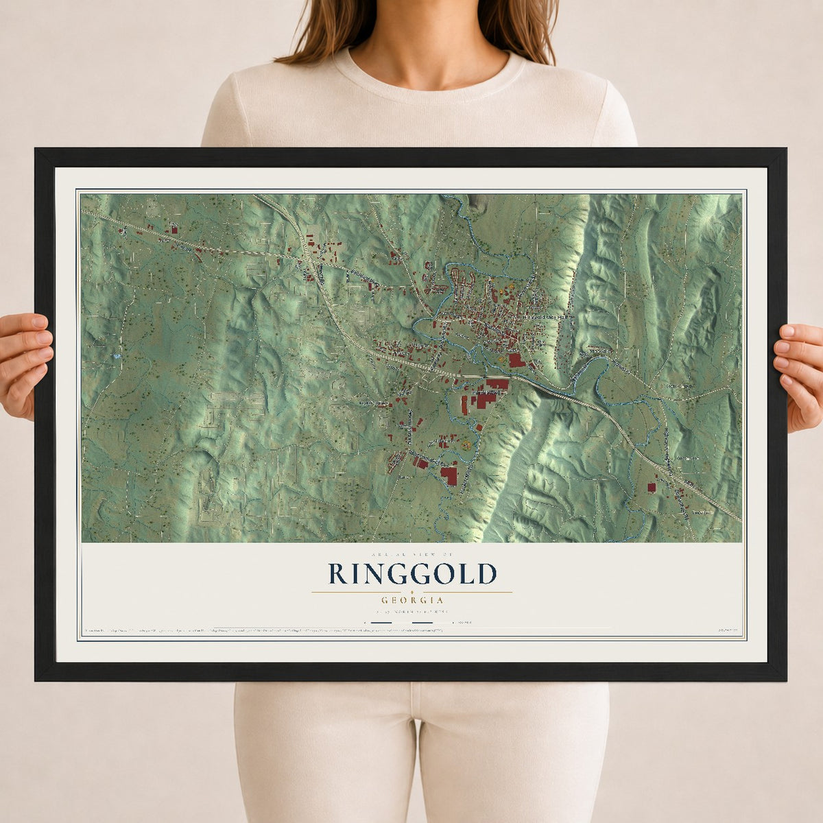 Ringgold, Georgia map print, 18" x 24" W/ Black Ayous Wood Frame mockup