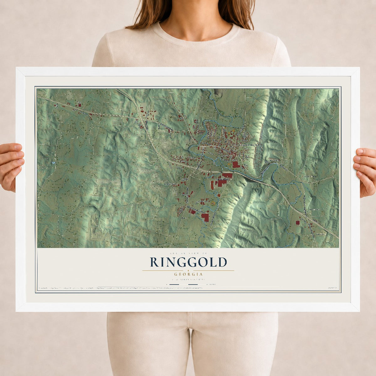 Ringgold, Georgia map print, 18" x 24" W/ White Ayous Wood Frame mockup