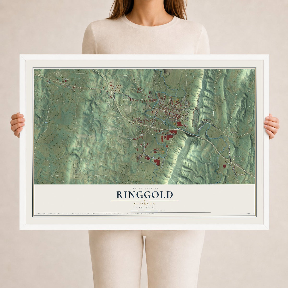 Ringgold, Georgia map print, 24" x 36" W/ White Ayous Wood Frame mockup