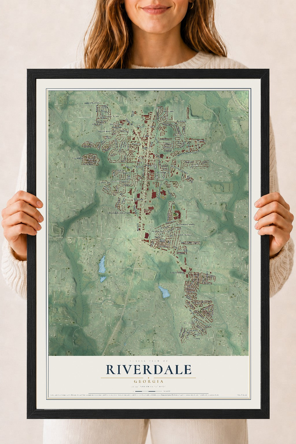 Riverdale, Georgia map print, 18" x 24" W/ Black Ayous Wood Frame mockup