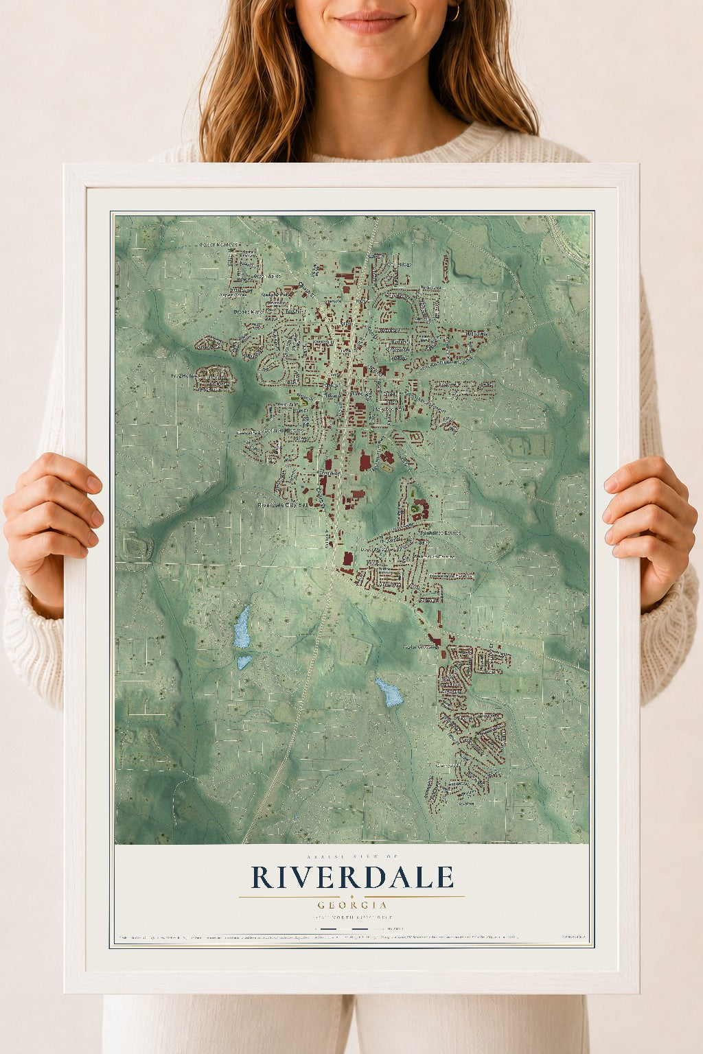 Riverdale, Georgia map print, 18" x 24" W/ White Ayous Wood Frame mockup