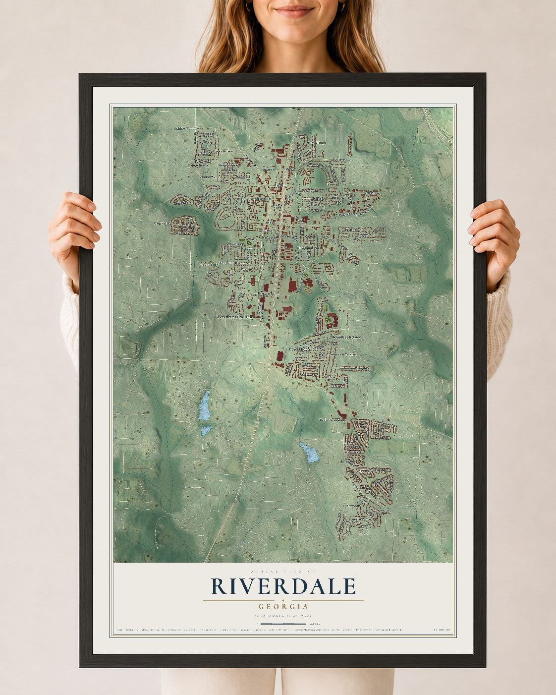 Riverdale, Georgia map print, 24" x 36" W/ Black Ayous Wood Frame mockup