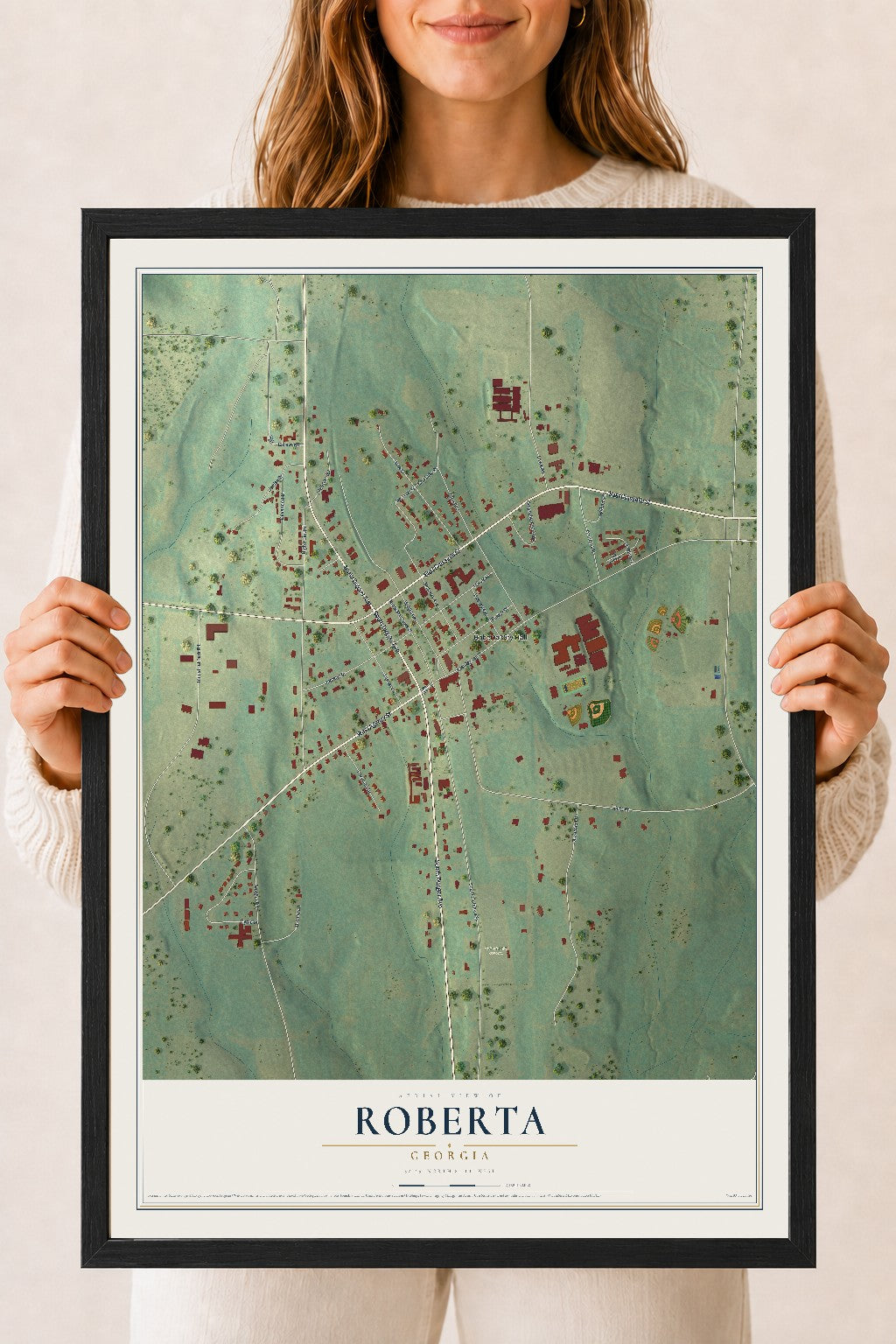 Roberta, Georgia map print, 18" x 24" W/ Black Ayous Wood Frame mockup