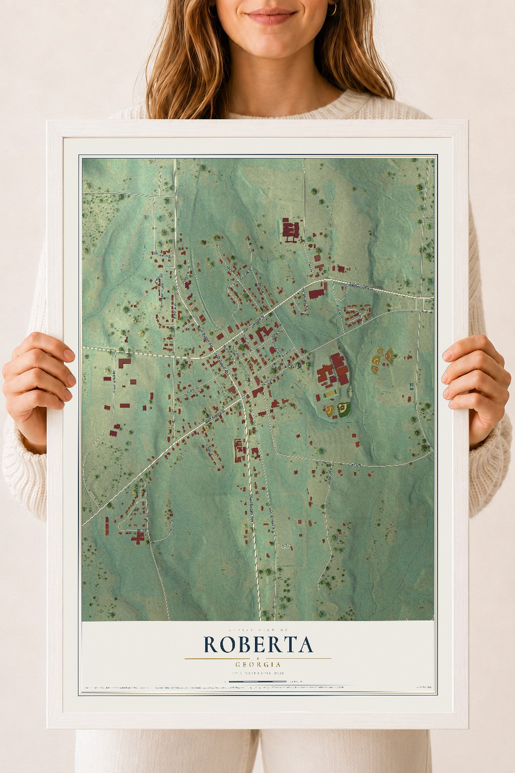 Roberta, Georgia map print, 18" x 24" W/ White Ayous Wood Frame mockup