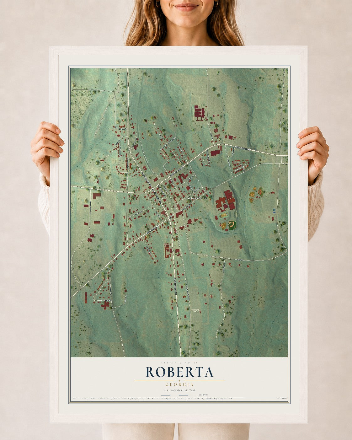 Roberta, Georgia map print, 24" x 36" W/ White Ayous Wood Frame mockup