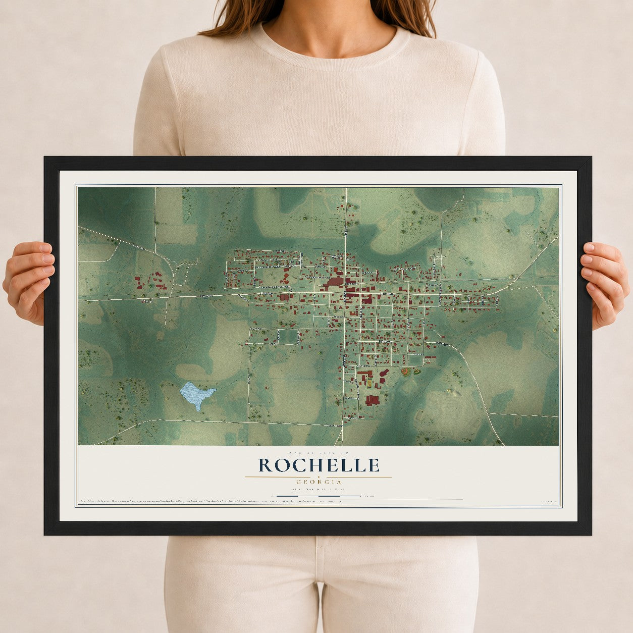 Rochelle, Georgia map print, 12" x 18" W/ Black Ayous Wood Frame mockup