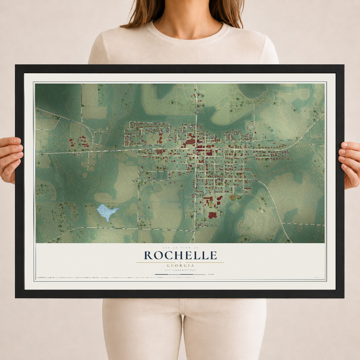Rochelle, Georgia map print, 18" x 24" W/ Black Ayous Wood Frame mockup