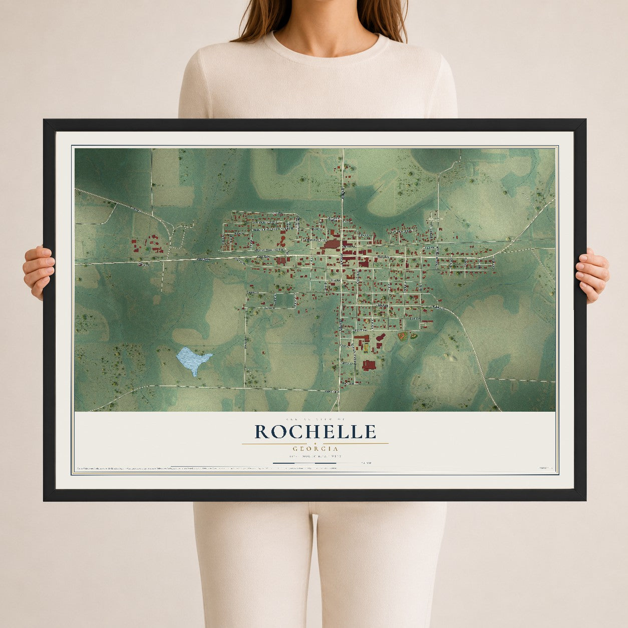 Rochelle, Georgia map print, 24" x 36" W/ Black Ayous Wood Frame mockup