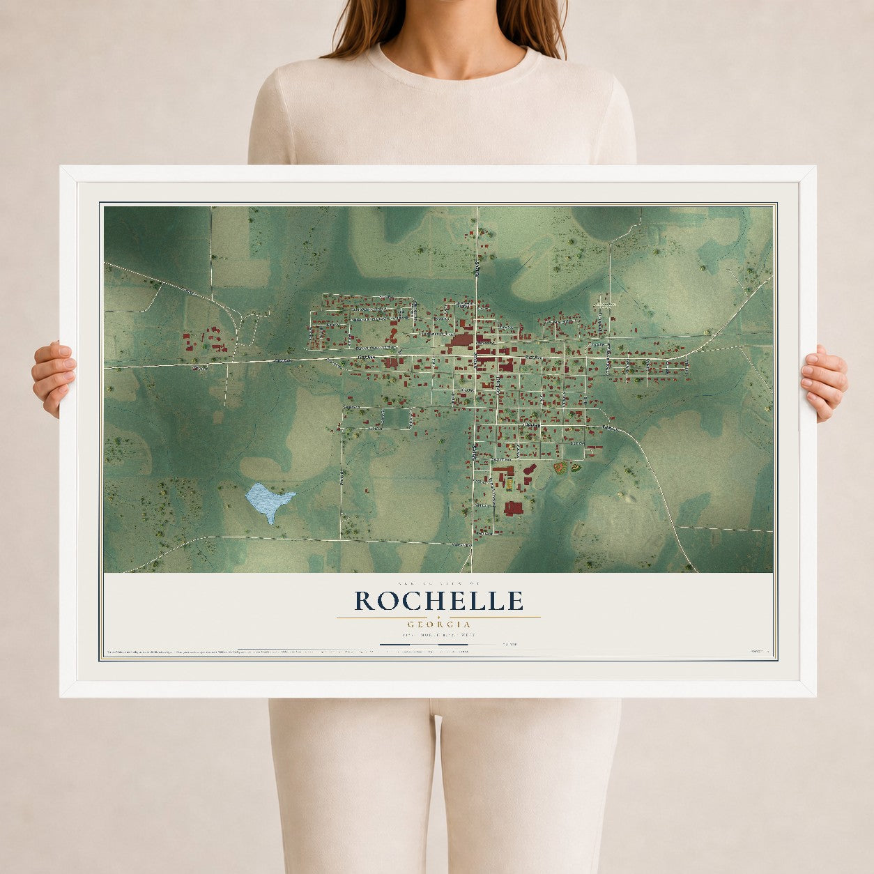 Rochelle, Georgia map print, 24" x 36" W/ White Ayous Wood Frame mockup