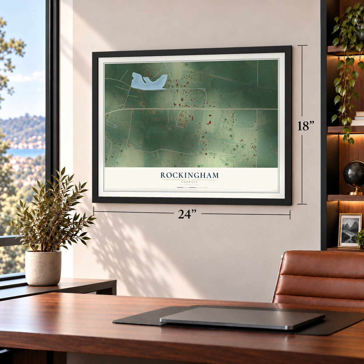 Rockingham, Georgia map, 18 x 24 inch print in a black frame in a home office