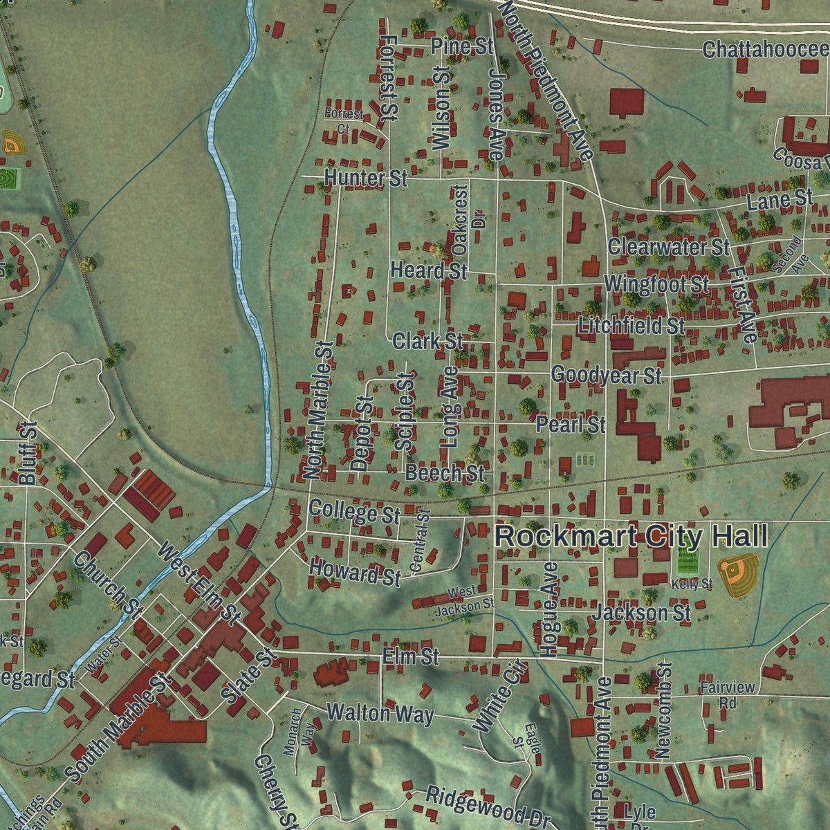 Close-up 1 of the Rockmart, Georgia map artwork