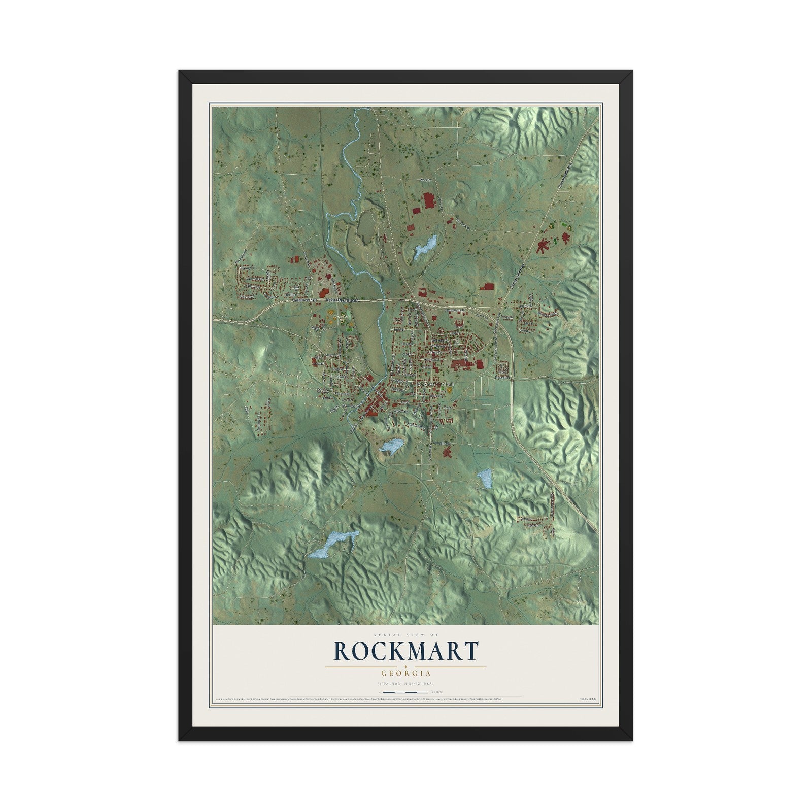 Rockmart, Georgia map print, 12" x 18" W/ Black Ayous Wood Frame mockup