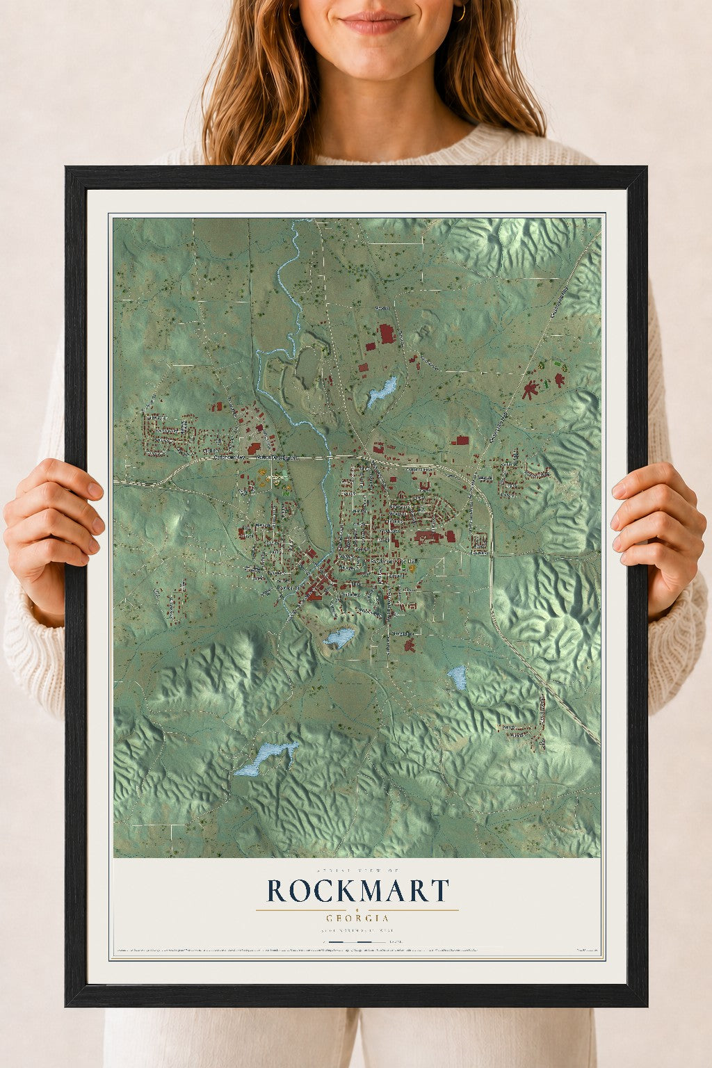 Rockmart, Georgia map print, 18" x 24" W/ Black Ayous Wood Frame mockup