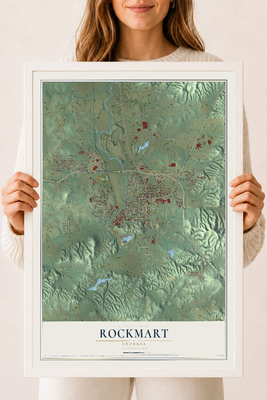 Rockmart, Georgia map print, 18" x 24" W/ White Ayous Wood Frame mockup