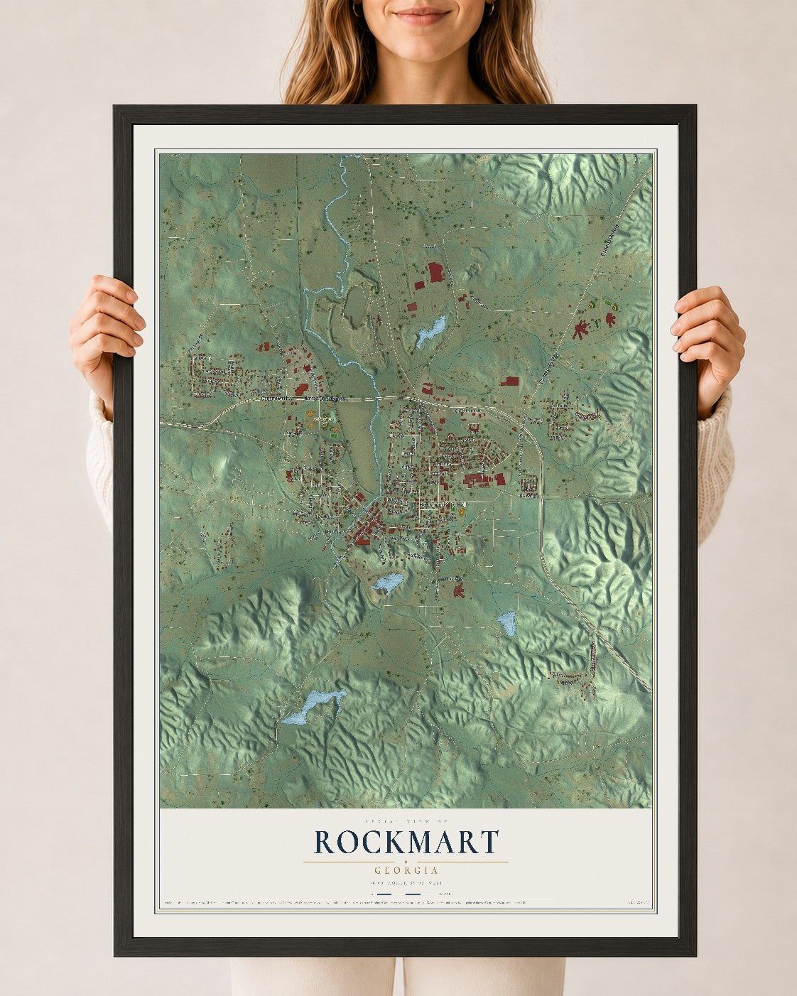 Rockmart, Georgia map print, 24" x 36" W/ Black Ayous Wood Frame mockup