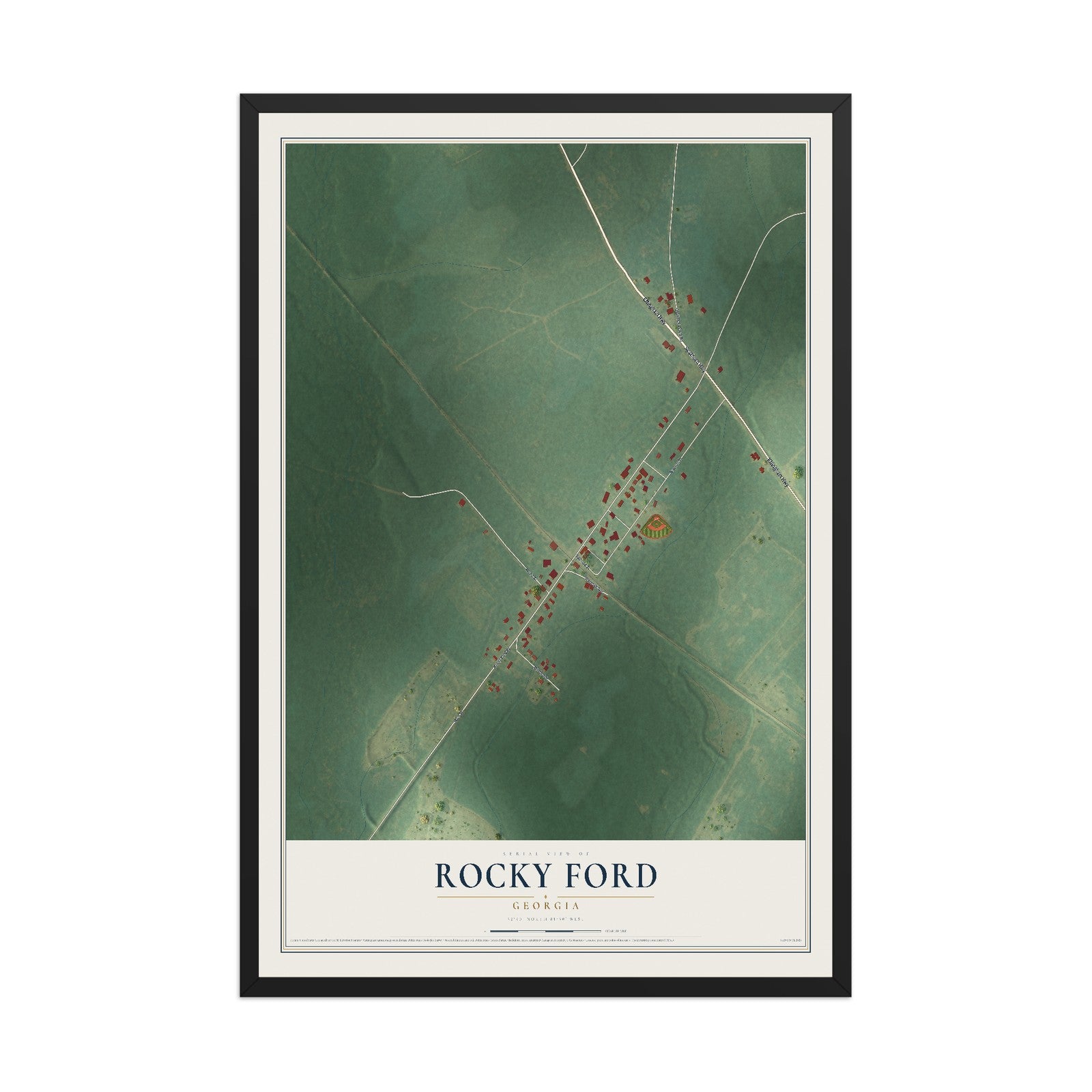 Rocky Ford, Georgia map print, 12" x 18" W/ Black Ayous Wood Frame mockup