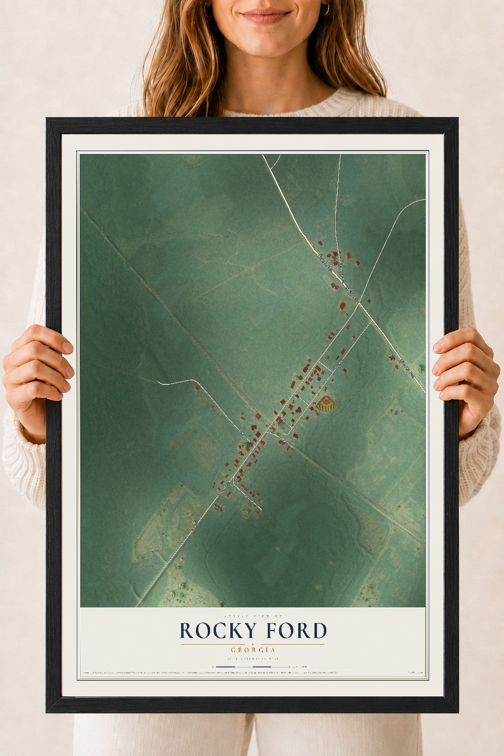 Rocky Ford, Georgia map print, 18" x 24" W/ Black Ayous Wood Frame mockup