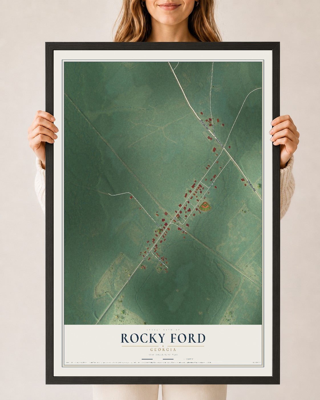 Rocky Ford, Georgia map print, 24" x 36" W/ Black Ayous Wood Frame mockup