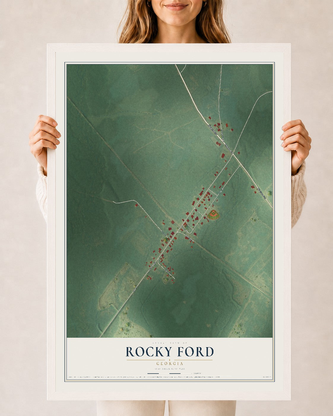 Rocky Ford, Georgia map print, 24" x 36" W/ White Ayous Wood Frame mockup