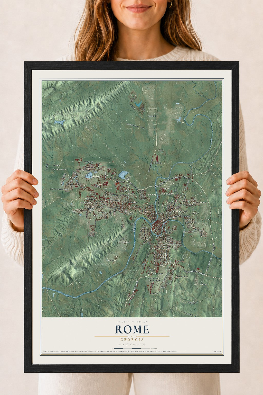 Rome, Georgia map print, 18" x 24" W/ Black Ayous Wood Frame mockup