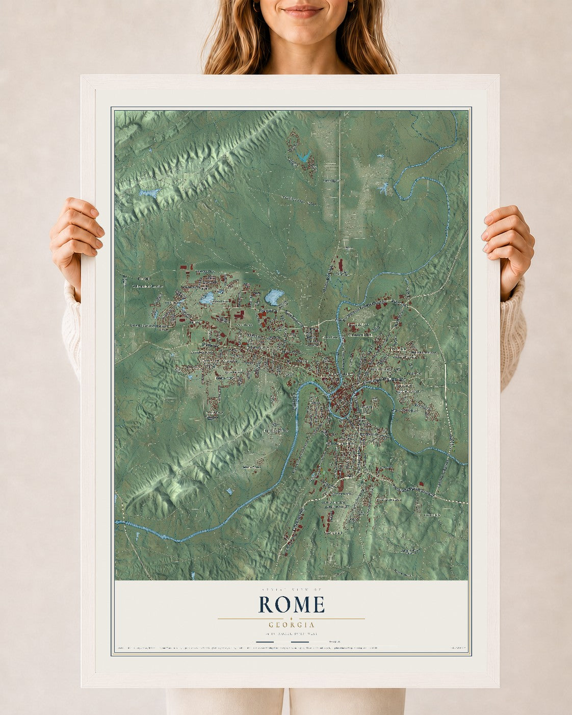Rome, Georgia map print, 24" x 36" W/ White Ayous Wood Frame mockup