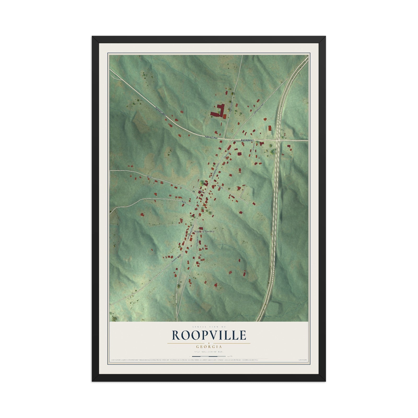 Roopville, Georgia map print, 12" x 18" W/ Black Ayous Wood Frame mockup