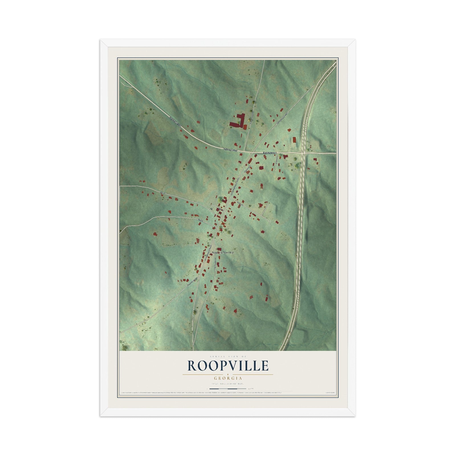 Roopville, Georgia map print, 12" x 18" W/ White Ayous Wood Frame mockup