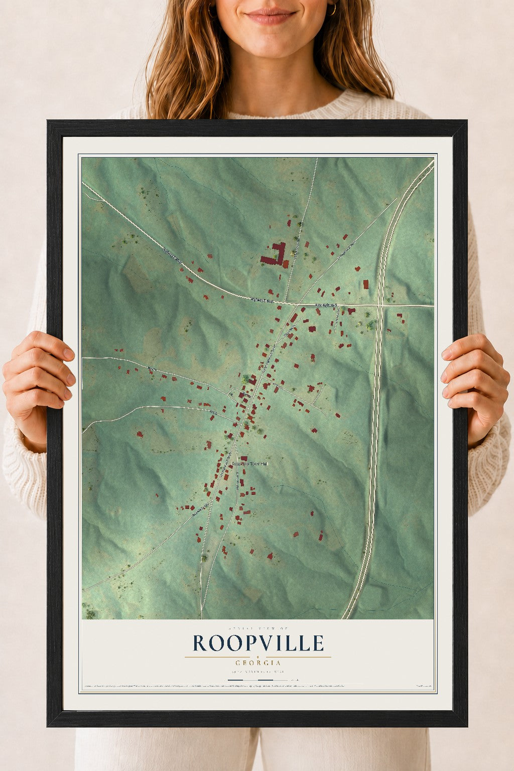 Roopville, Georgia map print, 18" x 24" W/ Black Ayous Wood Frame mockup