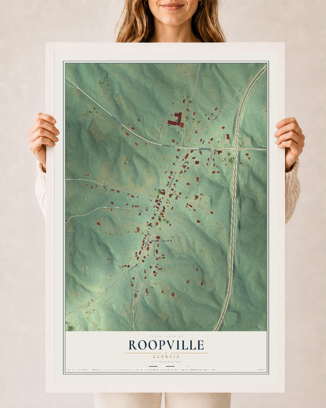 Roopville, Georgia map print, 24" x 36" W/ White Ayous Wood Frame mockup