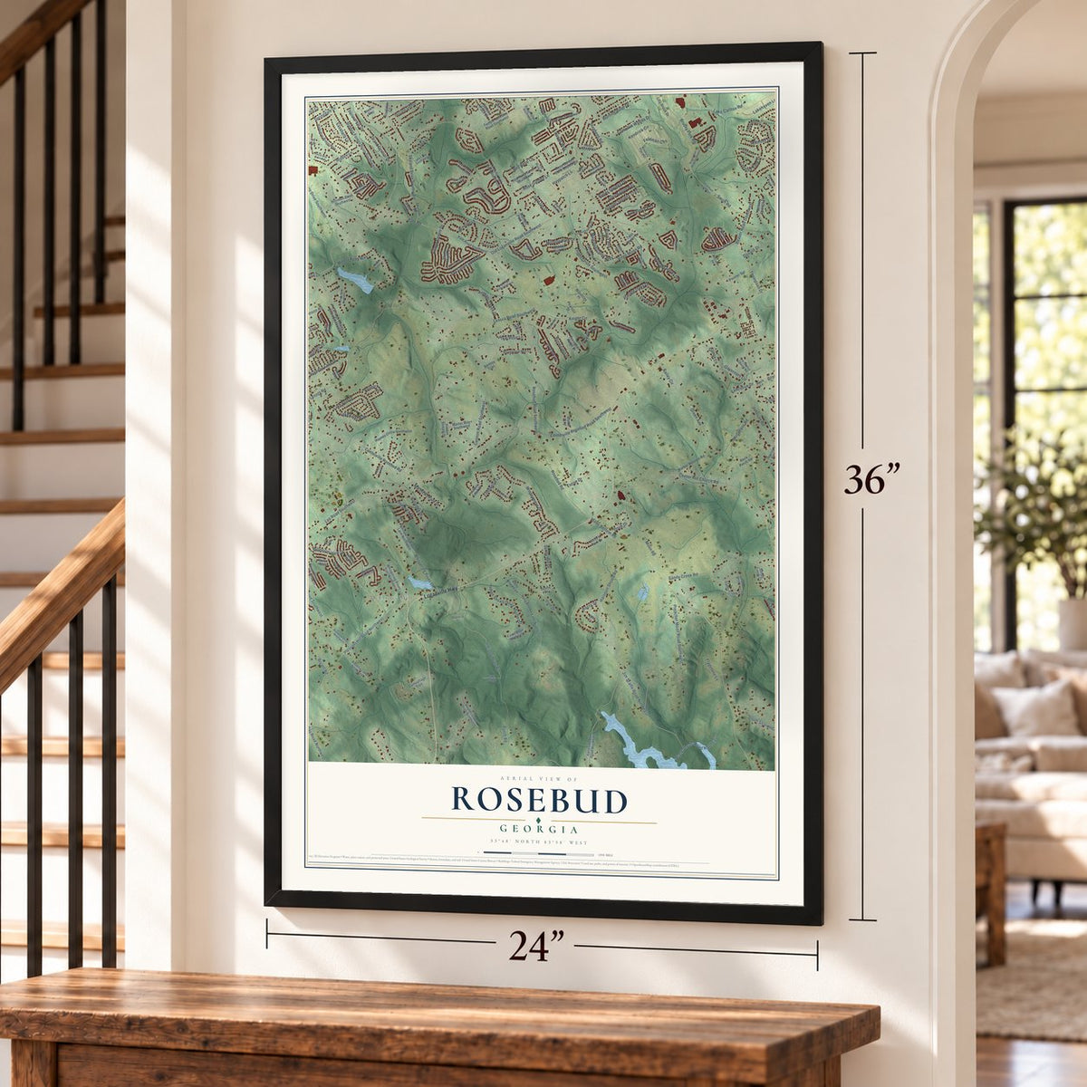 Rosebud, Georgia map, 24 x 36 inch print in a black frame by a staircase