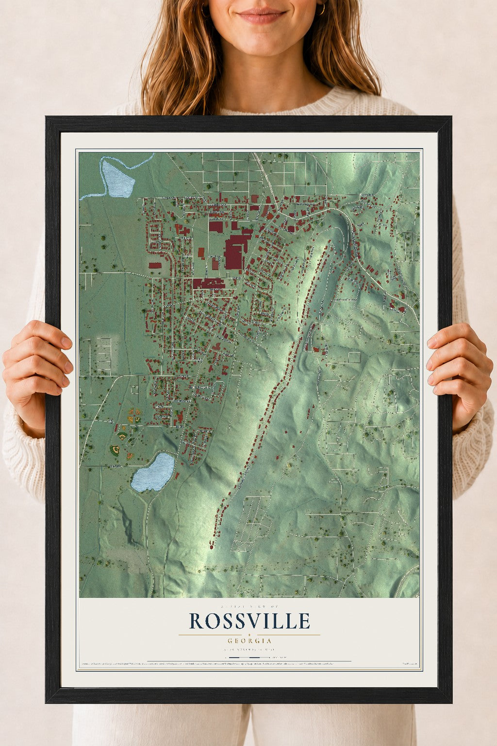 Rossville, Georgia map print, 18" x 24" W/ Black Ayous Wood Frame mockup
