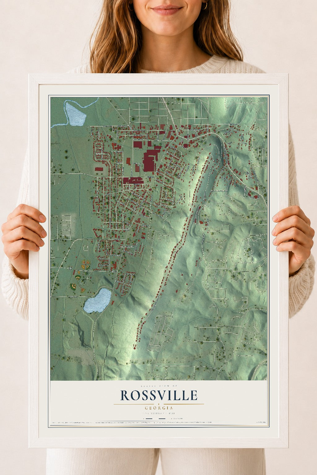 Rossville, Georgia map print, 18" x 24" W/ White Ayous Wood Frame mockup